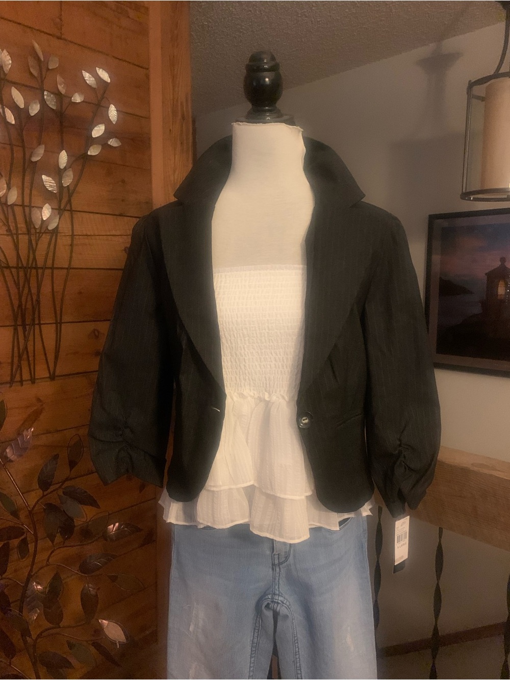 Bwear Black Cropped Blazer with Gathered Sleeve Detail